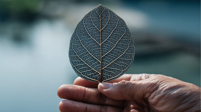 Close-up shot of a hand holding a leaf, highlighting its intricate venation against a blurred background