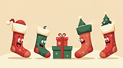 A playful flat  illustration of Christmas stockings showing funny emotions while competing for gifts in a bright festive red, green, and cream palette

