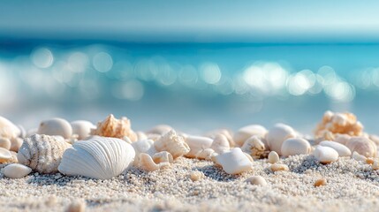 Serene beach scene with white stones and seashells on sandy shore
