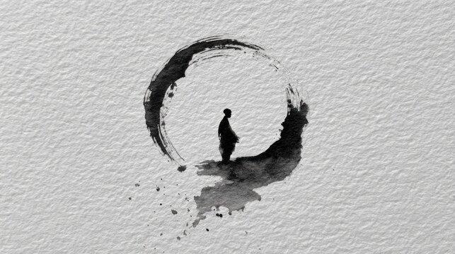 Traditional Japanese ink wash painting sumi-e style featuring zen circle ensō and monk silhouette