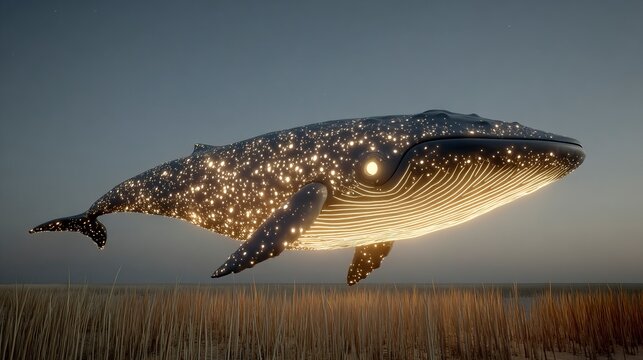 Fantasy space scene with celestial whale illuminated by starlight  