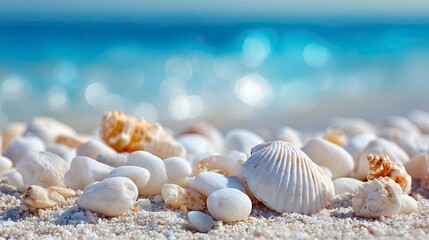 Serene beach sand with white stones and seashells by ocean