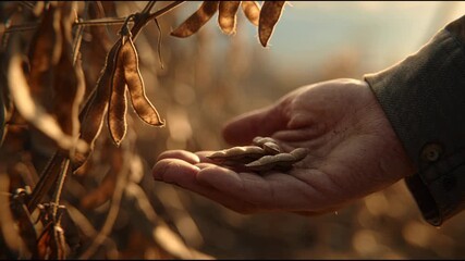 Close-up of hands holding seeds or beans in a farm or garden setting during autumn