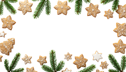 Festive gingerbread cookies and green fir branches form a holiday border with copy space, isolated on white.