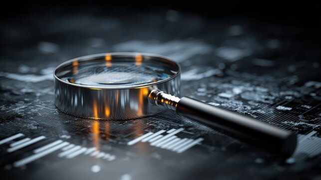 A magnifying glass on a dark, patterned surface with bright highlights. It represents analysis, investigation, research or forensic work.