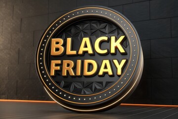 3D Black and Gold 'BLACK FRIDAY' Text in Shiny Circular Frame on Dark Background