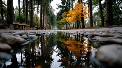 A picturesque autumn scene displaying trees alongside a gravel path, with colorful reflections shimmering on a nearby pond, embodying the beauty and stillness of nature's seasonal changes.
