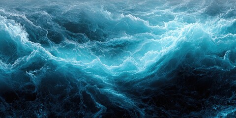 Moody ocean waves cascade in a swirling, textured turquoise sea from dark to light