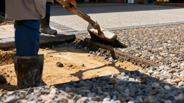 Medium view of porous pavement under construction with visible aggregate layers illustrating environmentally responsible driveway solutions that prevent flooding through