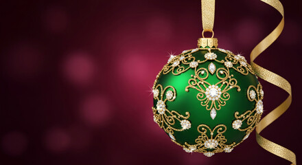 Elegant green bauble with golden filigree and crystal decoration, hanging from golden ribbon. Festive ornament, Christmas concept, holiday luxury and festivity