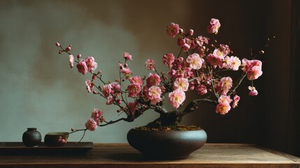 Pink plum blossoms in a bonsai pot with a small vase sit on a wooden table. Use for spring themed designs, or to convey peace and serenity.