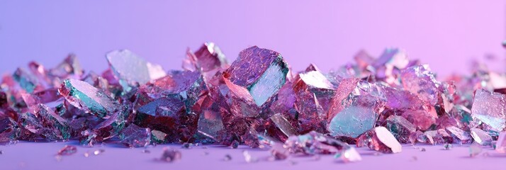Shattered, crystalline shards reflecting iridescent light on a soft lavender surface