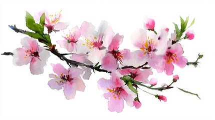 Obraz premium Close-up of delicate pink cherry blossom flowers on branch isolated