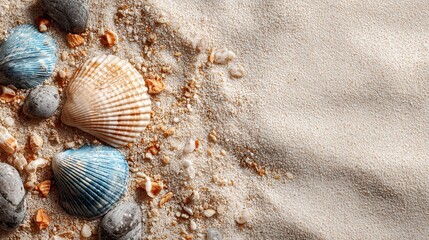 Beautiful sand with seashells and stones on beach