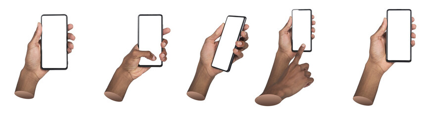 A set of hands interacts with a smartphone, touching and holding the blank screen for mockup use.