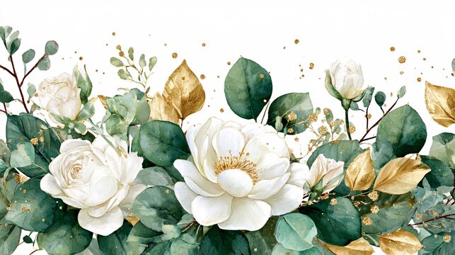 Elegant white and gold floral arrangement with green leaves on white background