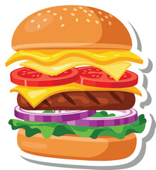 Cartoon hamburger with sesame seed bun cheese tomato onion and lettuce