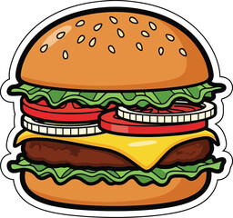 Cartoon hamburger with sesame seed bun lettuce tomato and cheese
