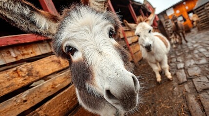 Farmyard donkey making eye contact with camera, humorous perspective and rustic enclosure  