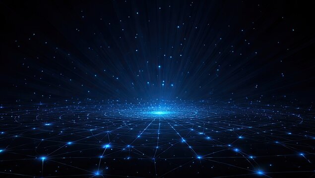 Abstract digital network blue nodes connected by glowing lines in the darkness