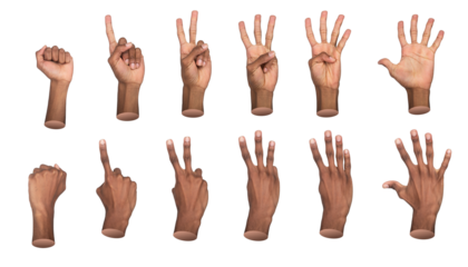 A set of hands shows numbers from zero to five using front and back views. Each gesture is clearly