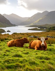 Two cows resting in a grassy field near a lake and mountains