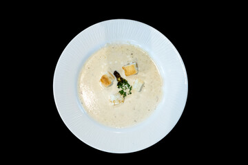 Top view of Truffle Mushroom Soup, focus selective