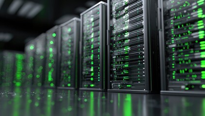 Row of servers with bright green lights reflecting on a shiny surface