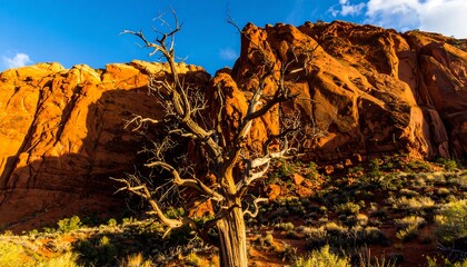 Sun-drenched desert landscape with a dead tree