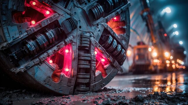 A Tunnel Boring Machine's cutter head with red lights is seen in the tunnel. It can represent infrastructure, construction, and technological advancement.