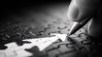 Close-up of Hand Completing Black and White Puzzle with Pen in Soft Lighting