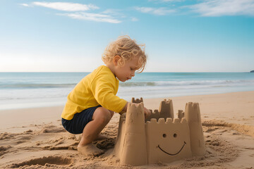 Coastal Construction: A young child joyfully builds a sandcastle on a sun-kissed beach, with the tranquil sea and sky creating a backdrop of pure bliss and summertime fun.