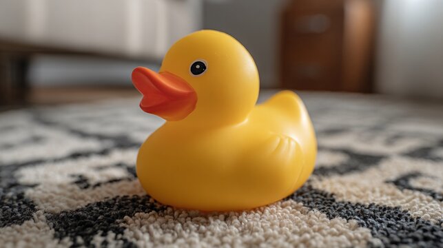 Close-up of yellow rubber duck on textured carpet with soft indoor lighting - Powered by Adobe