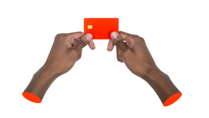 Two hands hold a bright red card, presenting it forward. The simple gesture suggests an ID, access
