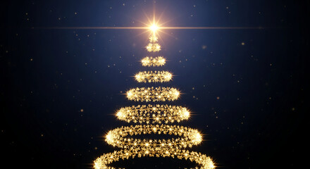 A golden, star-shaped Christmas tree on a dark background, glittering and shining, representing festive season, celebration, and holiday cheer