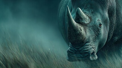 Fierce rhino in full charge, glowing eyes and motion blur effects, surreal lighting in a fantasy wilderness setting 