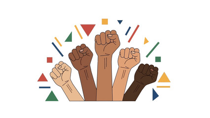 Diverse group of raised fists in different skin tones symbolizing unity strength and solidarity against a backdrop of colorful geometric shapes and lines