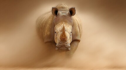 Fierce rhino in full charge, glowing eyes and motion blur effects, surreal lighting in a fantasy wilderness setting  