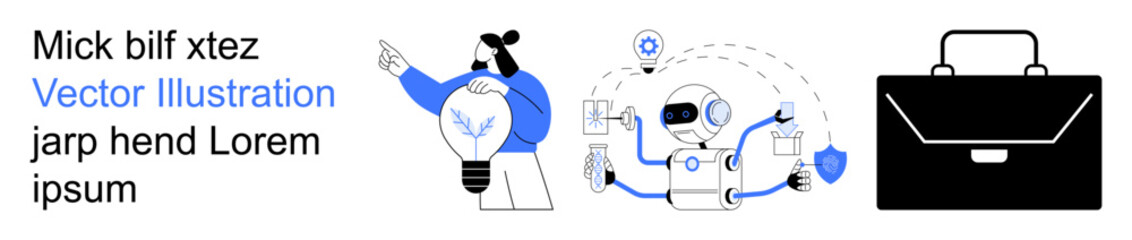 Business strategy, AI automation, innovation, workflow, communication, digital solutions. a professional pointing, robot connecting ideas and a briefcase icon. Innovation and AI automation concept