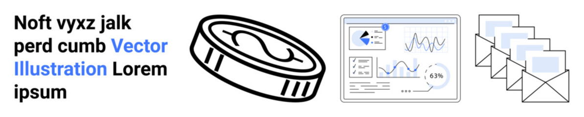 Business growth, financial analysis, communications, data processing, teamwork, marketing tools. Coin icon, data graphs and stack of envelopes. Financial analysis and business growth concept