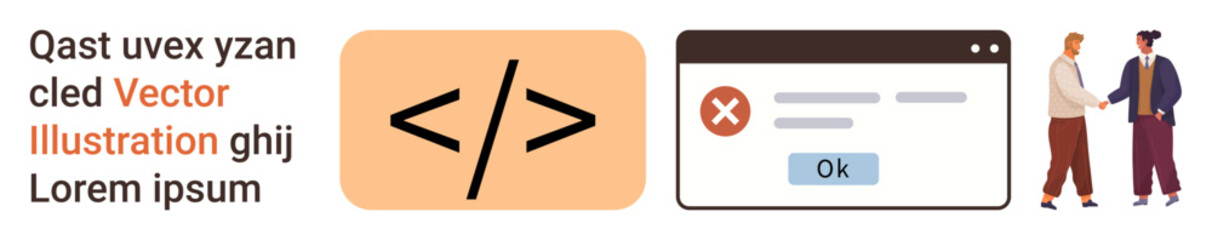 Web development, coding education, teamwork, software errors, technology communication, programming guidance. Coding symbol, error message handshake. Web development and coding education concept