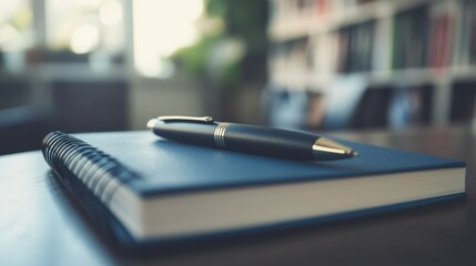 A sleek black pen rests atop a closed, spiral-bound blue notebook, with the soft focus of a blurred background suggesting a study or workspace environment, capturing a moment of quiet contemplation