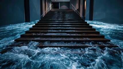 A staircase submerged in water creates a dramatic and surreal scene, evoking emotions of calmness and the overwhelming power of nature while sparking curiosity in viewers.