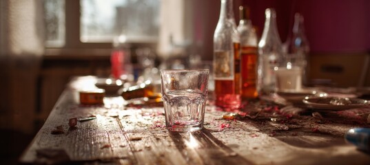 Table after drinking drunk people. Alcohol bad habit addiction. Generative AI technology.