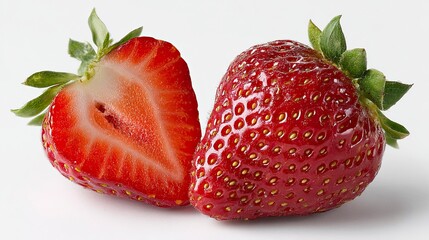 Fresh strawberries on white background, one cut in half
