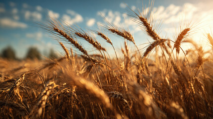 Golden wheat field against a bright blue sky, the sun is shining