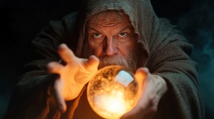 A robust sage draped in a hooded cloak channels energy from a glowing orb, symbolizing the enigmatic connection between mysticism and the power of light, surrounded by a shadowy ambiance.