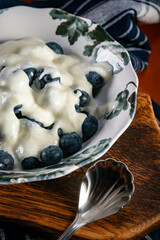 Bowl with yogurt and blueberries.