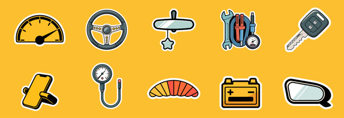 car accessories and parts sticker collection with steering wheel and battery
