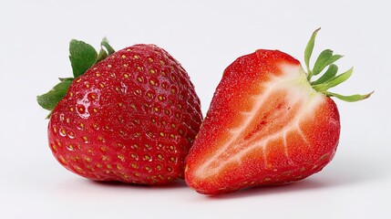 Fresh strawberries on white background, one cut in half